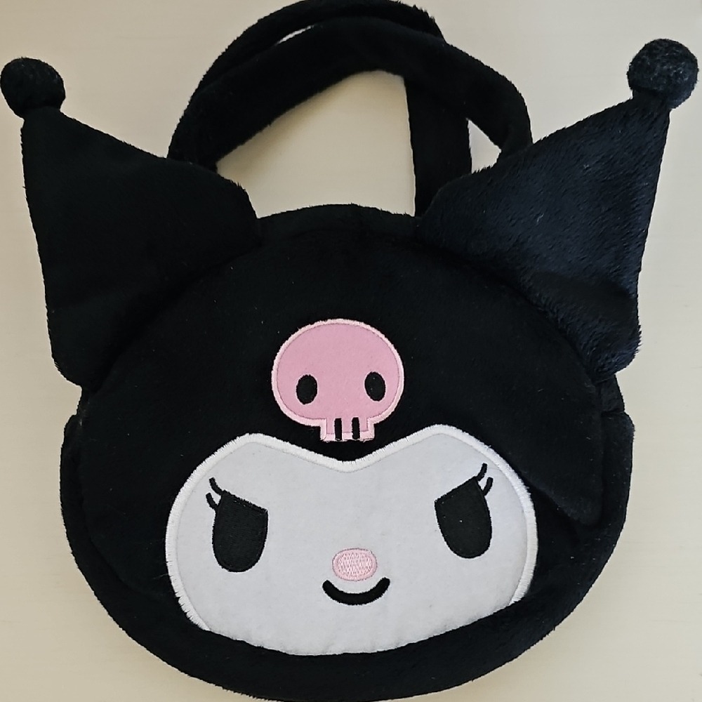 Kuromi Black and Pink Character Plush Fuzzy Zip Top Purse Bag
